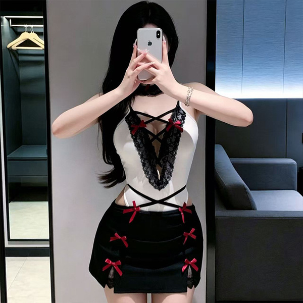 Seductive cross-strap deep v secretary cosplay outfit with cheeky tied details and red bows.