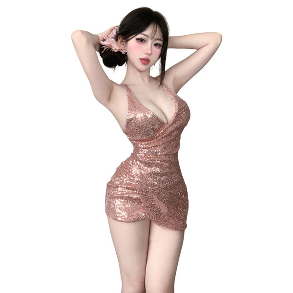 Seductive deep-v sparkle mesh strapless club outfit, no-remove temptation nightwear, glamorous allure.