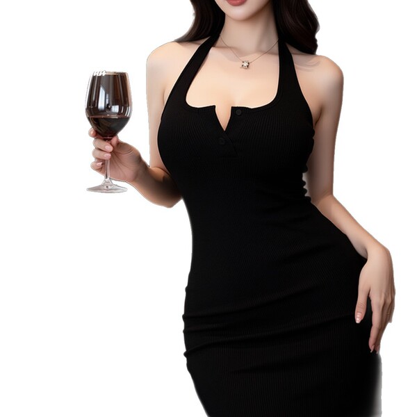 Elegant black bodycon dress with deep v-neckline, perfect for evening parties. stylish and seductive design.