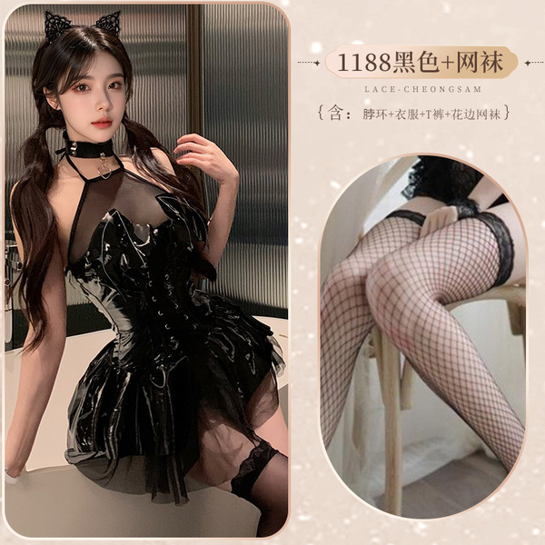 Seductive devil-themed lingerie dress - open-crotch bondage style pvc mini dress for couples, featuring lace stockings and ca...