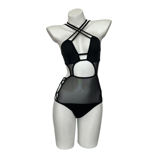 Black sheer mesh halter lingerie set with crisscross straps and cutout design, featuring matching panties for a seductive dev...