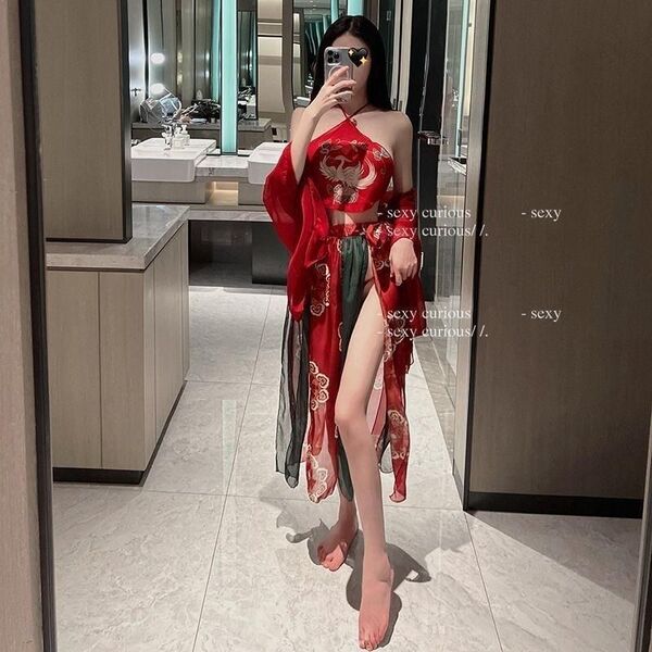 Seductive hanfu lingerie set - sexy qipao costume for women, ethereal fantasy nightwear with intricate designs and flowing fa...