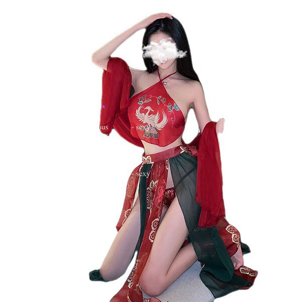 Seductive hanfu lingerie set featuring a red phoenix design, perfect for women seeking an erotic allure with a fairy-inspired...