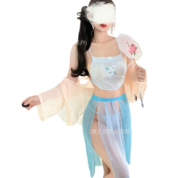 Seductive hanfu lingerie set featuring vintage chinese silk design with embroidery, elegant floral fan accessory, perfect for...