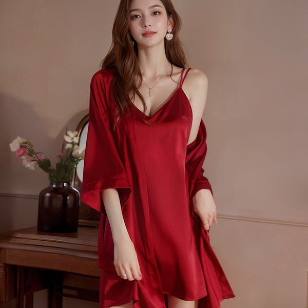 Seductive ice silk backless sleepwear set - sexy lingerie nightgown & robe, no-remove passion outfit, european style