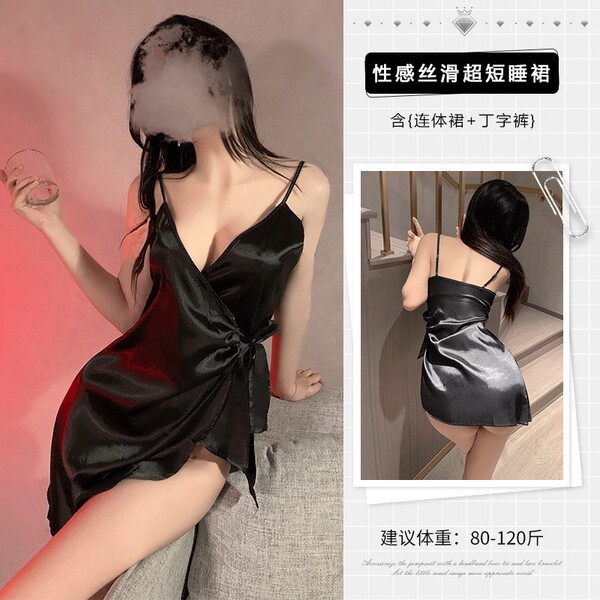 Seductive ice-silk satin slip nightgown - sexy open-front lingerie sleepwear for women, , + , :80-120
