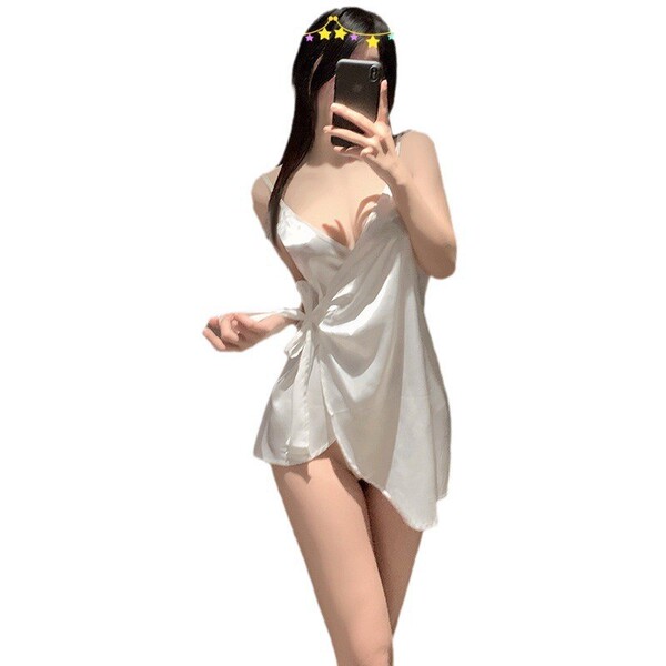 Seductive ice-silk satin slip nightgown - sexy open-front lingerie sleepwear for women, elegant design with tie-front detail,...
