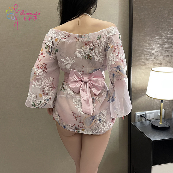 Seductive kimono-style lingerie set featuring delicate floral patterns, elegant off-shoulder design with sheer fabric and a s...