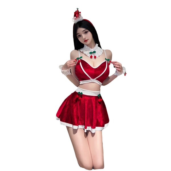 Seductive lace bodysuit dress - holiday-themed naughty lingerie set for new year & christmas, featuring festive cherries and ...
