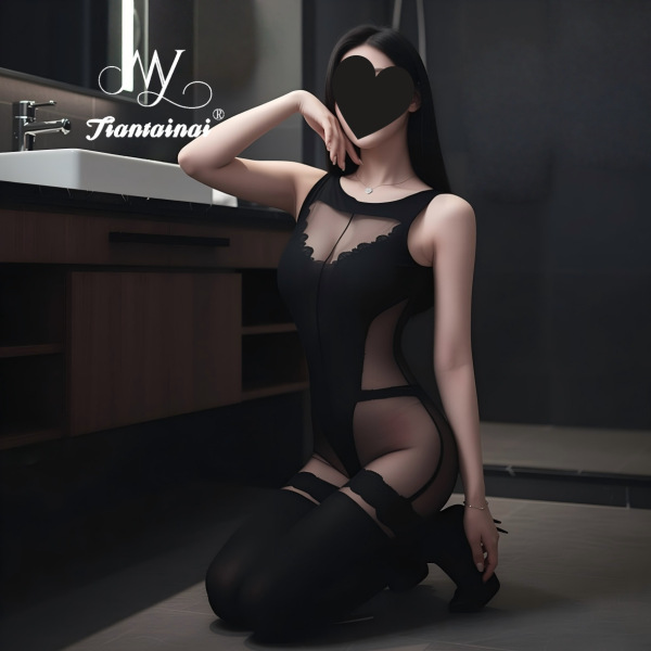 Woman kneeling in black lace bodysuit with open-crotch stockings, seductive lingerie set for small bust, elegant bathroom set...