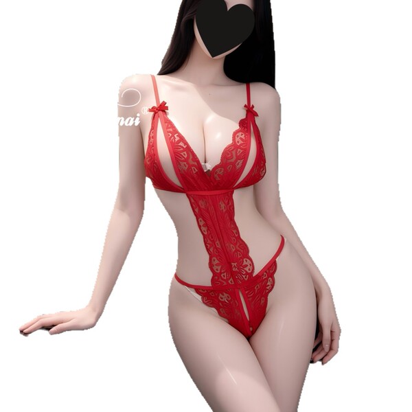 Woman wearing red lace bodysuit with cut-outs and backless design, part of the seductive lace bodysuit set for women.