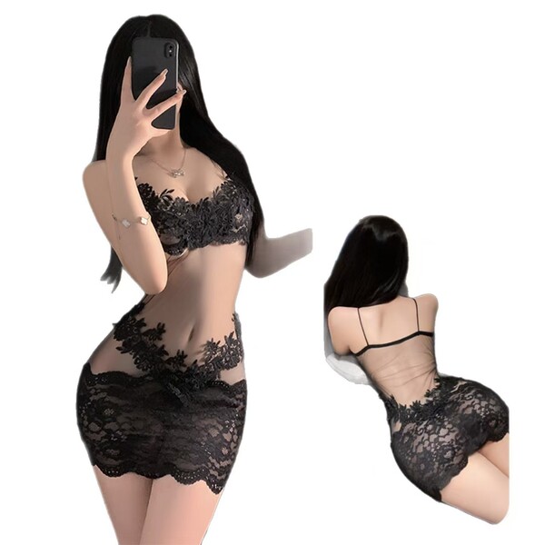 Woman wearing black lace bodysuit with open-crotch design, showing front and back views of the sensual maid-style lingerie se...