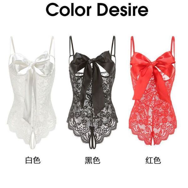 Color desire seductive lace cami sleepwear featuring white, black, and red options with lace details and adjustable straps.