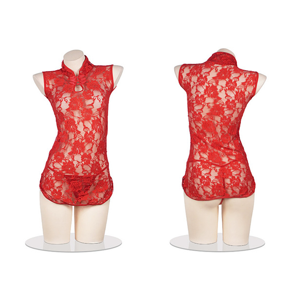 Seductive lace cheongsam lingerie set featuring vintage high-neck design with sheer cut-out details and slit fit for elegant ...