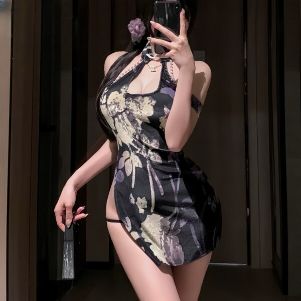Woman in a seductive lace lingerie set featuring a high-slit backless cheongsam dress with halter neck.