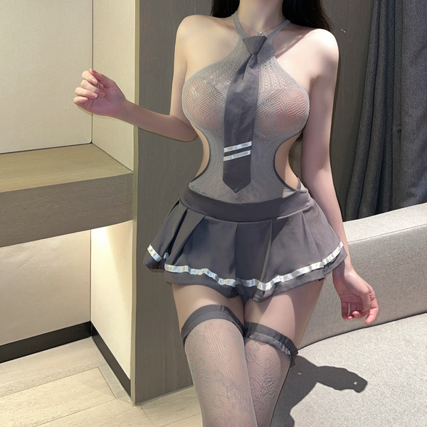 Seductive lace mesh jk uniform set featuring a sexy no-remove bodysuit with tie design, perfect for adults.