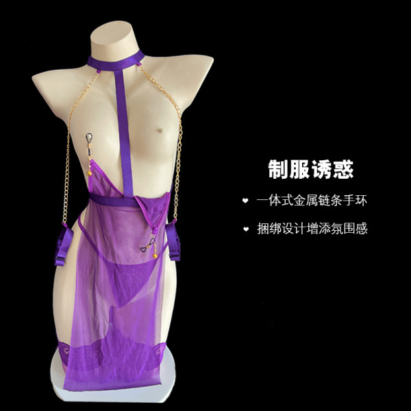 Seductive purple lace mesh lingerie set with gold chain details and sheer provocative design for adults.