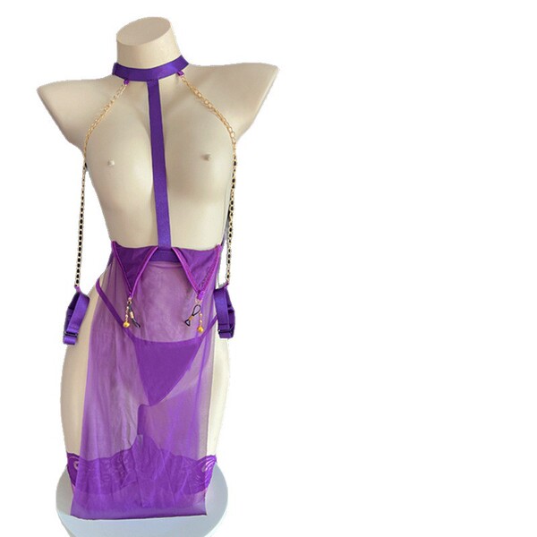 Seductive purple lace mesh lingerie set with sheer panels and gold chain accents, designed as a provocative no-remove sm cost...