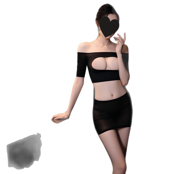 Woman modeling black seductive lace peek-a-boo two-piece sleepwear set with low-cut bra and matching shorts.