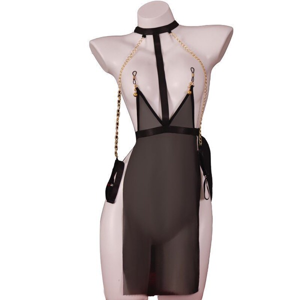 Seductive black sheer chemise with strapless hook-neck, gold chains, and back cutouts for erotic sm-inspired allure.