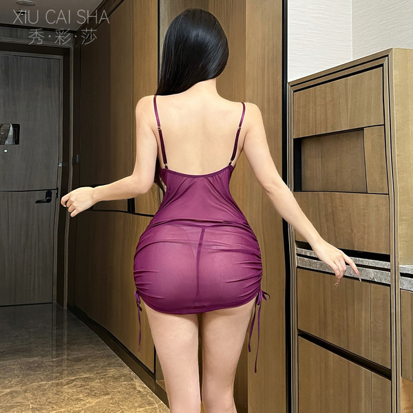 Seductive lace sleep dress for women, double-layer sheer design, sensual and playful bedroom lingerie.