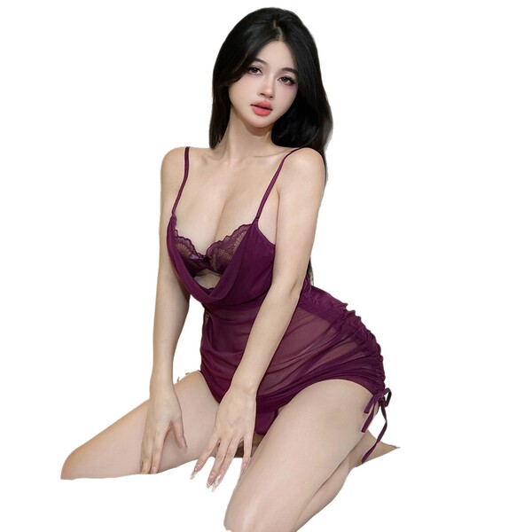 Seductive lace sleep dress featuring double-layer sheer fabric, perfect for sensual and playful bedroom lingerie.