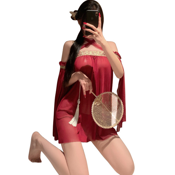 Seductive lace sleepwear set - sheer mesh bodice, chinese-inspired yin-yang lingerie with open-crotch design