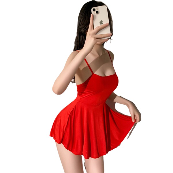 Seductive lace slip dress, vibrant red design, perfect for evening wear or sleepwear, offering pure allure and comfort.