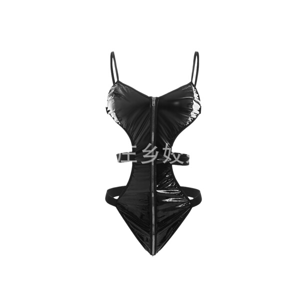 Seductive black pvc bodysuit with front zipper, adjustable straps, and tether rope – bold catwoman-inspired bondage style for...