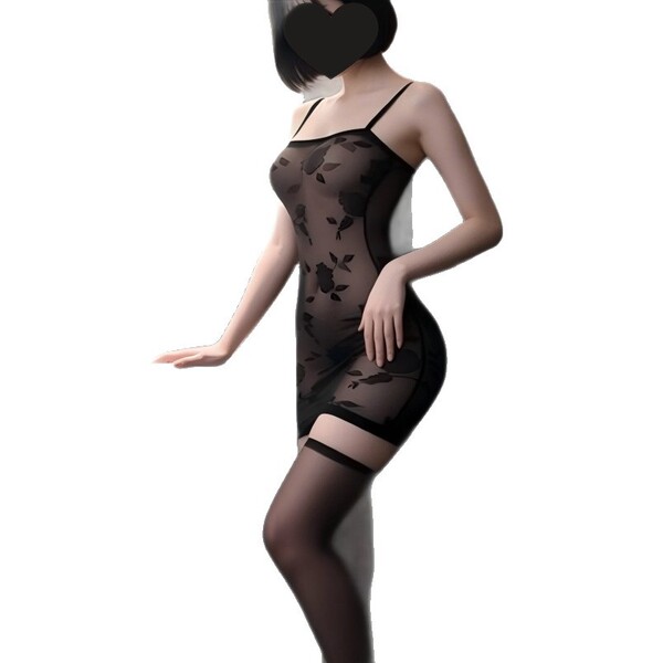 Seductive lingerie bodysuit featuring sheer mesh design, open-crotch thong style, perfect for women seeking sexy all-in-one o...