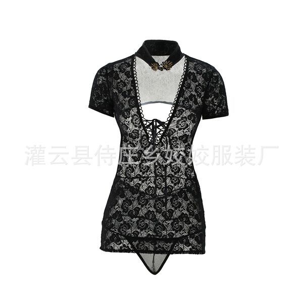 Seductive black lace cheongsam-inspired sleepwear with intricate patterns, perfect for intimate moments.
