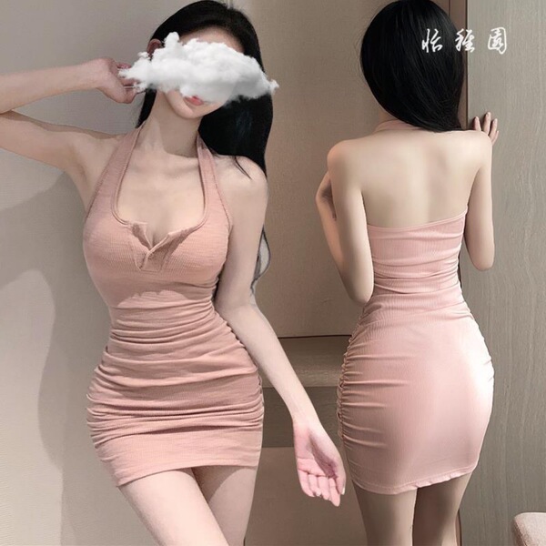 Woman wearing a pink, form-fitting dress with a deep neckline and ruched details, shown from front and back views.