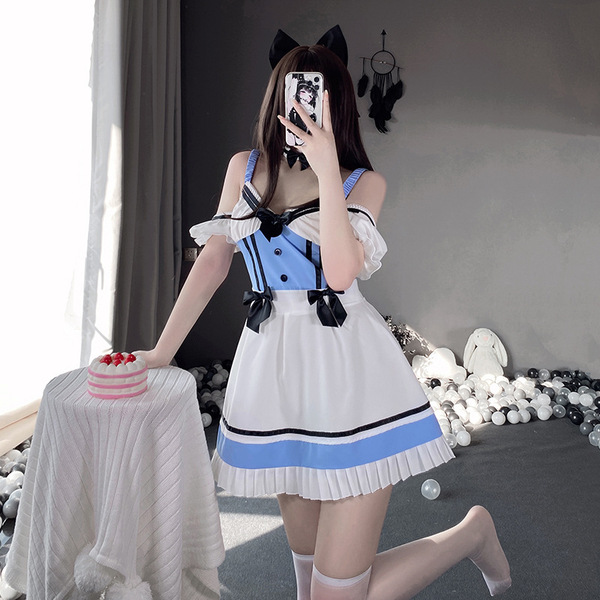 Seductive maid costume lingerie set featuring a charming blue and white dress with cat ears, perfect for couples role play an...