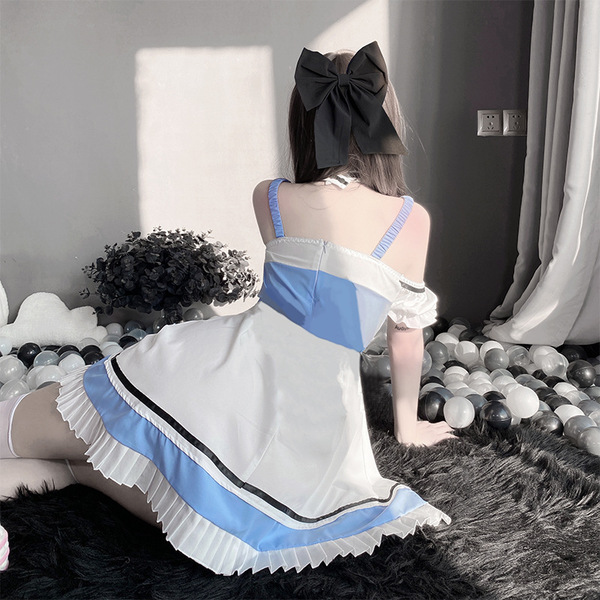 Seductive maid costume lingerie set featuring a charming white dress with blue accents, perfect for couples seeking sexy role...