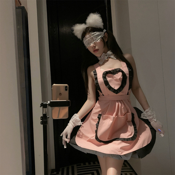 Seductive maid costume lingerie set - modest yet alluring temptation sleepwear for women, featuring a charming pink dress wit...