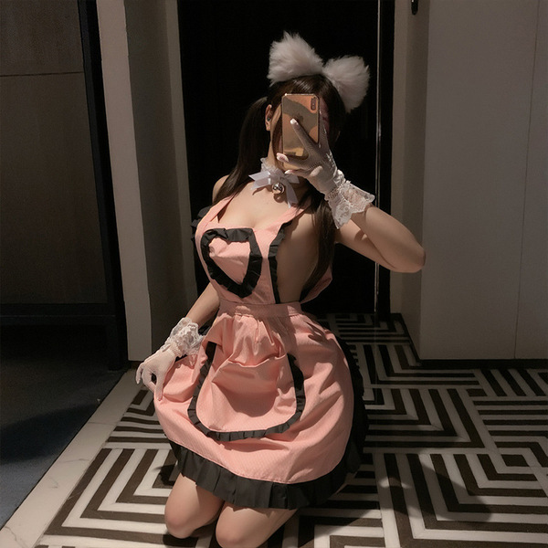 Seductive maid costume lingerie set - modest yet alluring temptation sleepwear for women, featuring a charming pink dress wit...