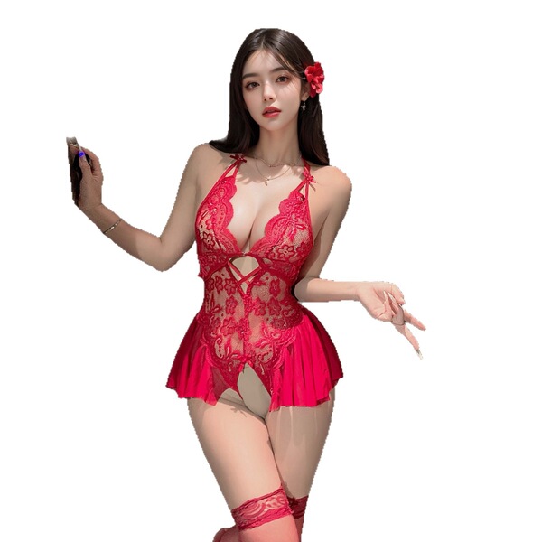 Woman wearing red lace maid costume lingerie set with floral details and thigh-high stockings, posing seductively.
