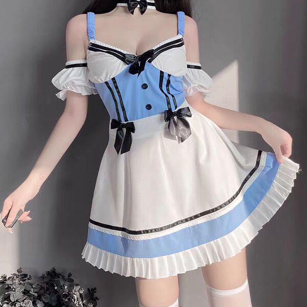 Seductive maid costume lingerie set featuring a charming blue and white dress with ruffles, perfect for couples role play or ...