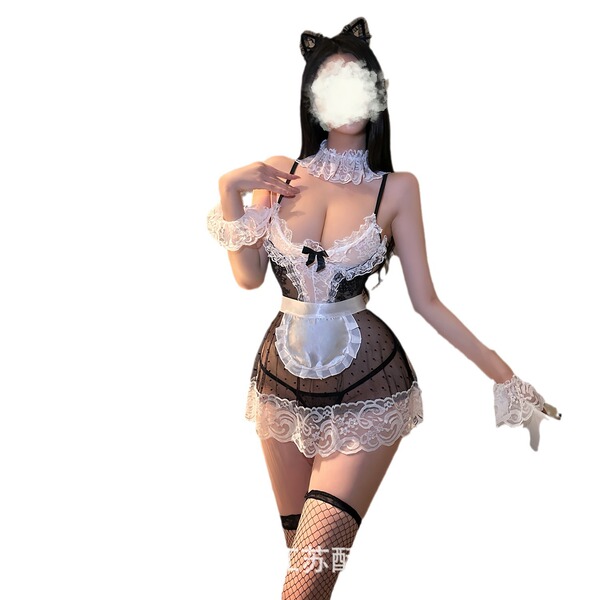 Woman wearing a seductive maid costume set with black lace lingerie, white apron, and cat ears for role play.