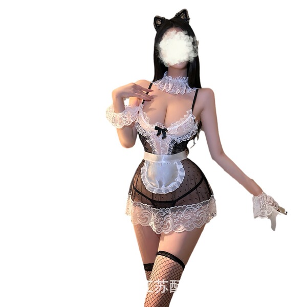 Seductive maid costume set with lace, tulle dress, apron, cat ears headband, and fishnet stockings for women.