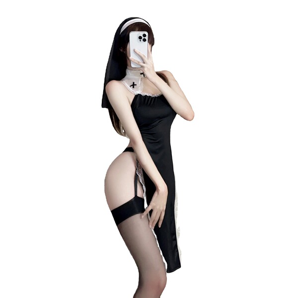 Seductive nun costume set featuring high-cut black lingerie with lace details, perfect for role play and sensual dress-up exp...