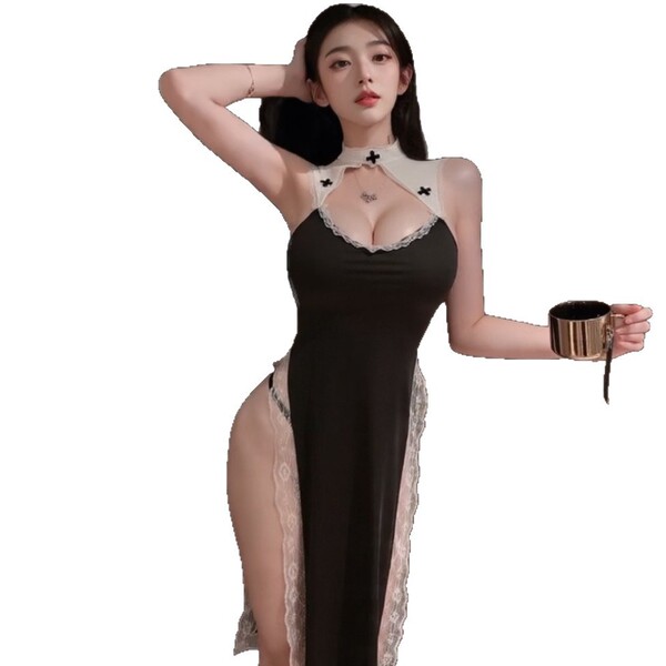 Seductive nun costume set featuring a lacy sheer mesh skirt, perfect for cosplay and adult fun.