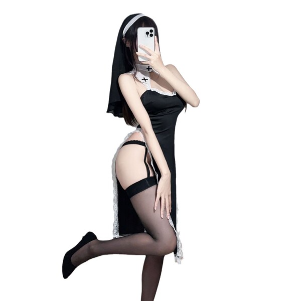 Seductive nun costume lingerie with lace trim, black dress and stockings, flirty role play outfit, no-undress design.