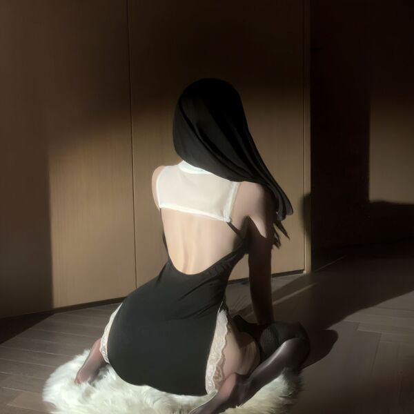 Seductive nun costume lingerie featuring a sexy high-slit lace bodysuit with sheer cutouts, perfect for cosplay and role play...