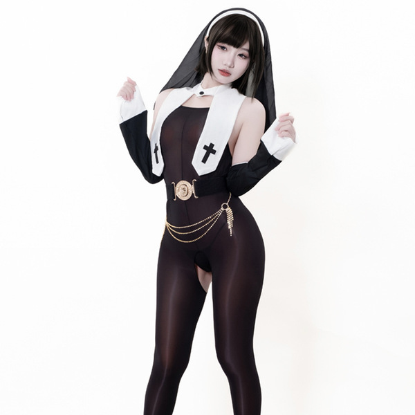Seductive nun costume lingerie featuring an open-crotch design, combining modesty with allure for sexy role play outfits.