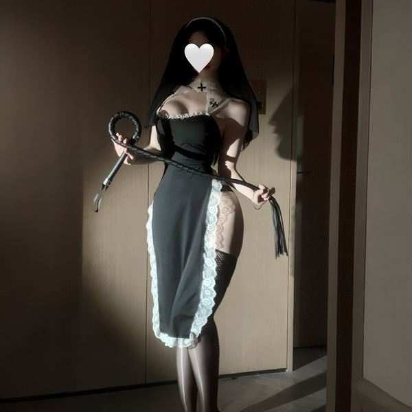 Seductive nun costume lingerie featuring a sexy high-slit lace bodysuit with sheer cutouts, perfect for cosplay and role play...