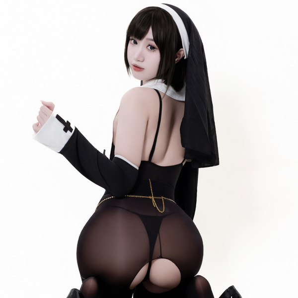 Seductive nun costume lingerie featuring an open-crotch design, combining modesty with allure for role play.