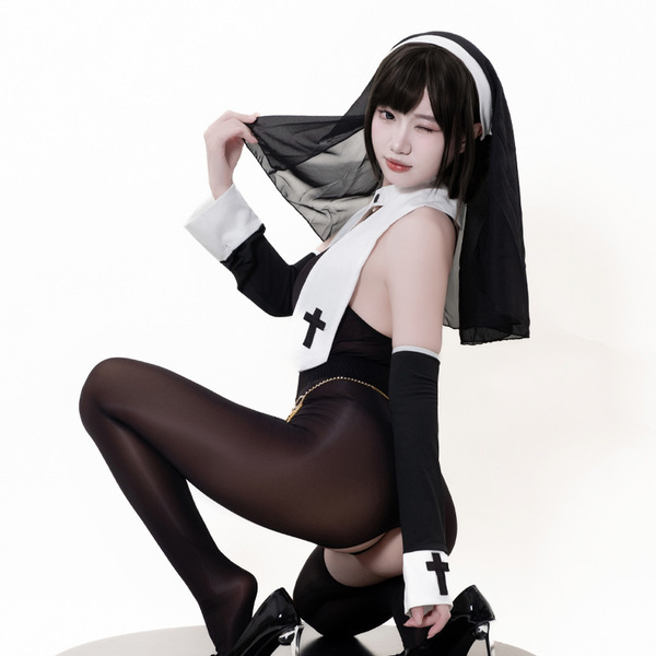 Seductive nun costume lingerie featuring an open-crotch design, combining modesty with allure for role play outfits.