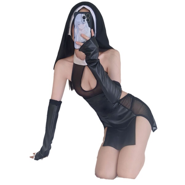 Seductive nun costume set - sexy split-open lingerie outfit for role play & cosplay, featuring a black dress with sheer detai...