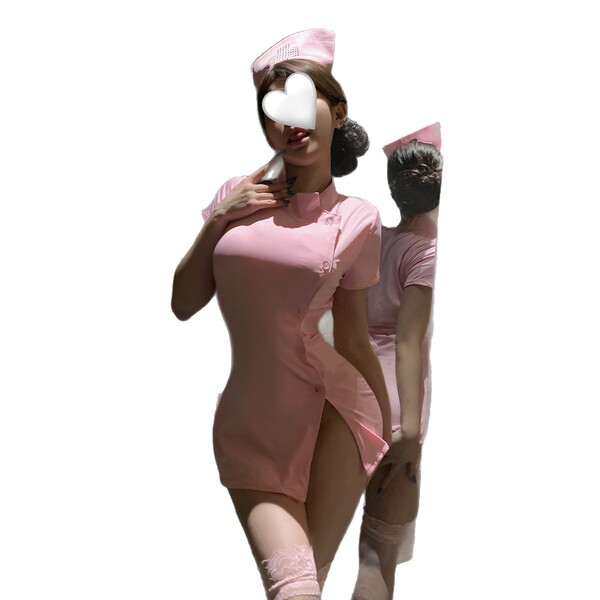 Woman wearing pink nurse costume lingerie set with matching hat and stockings, featuring a no-remove design for tempting mode...